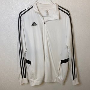 Large white with black stripe adidas track suit top.